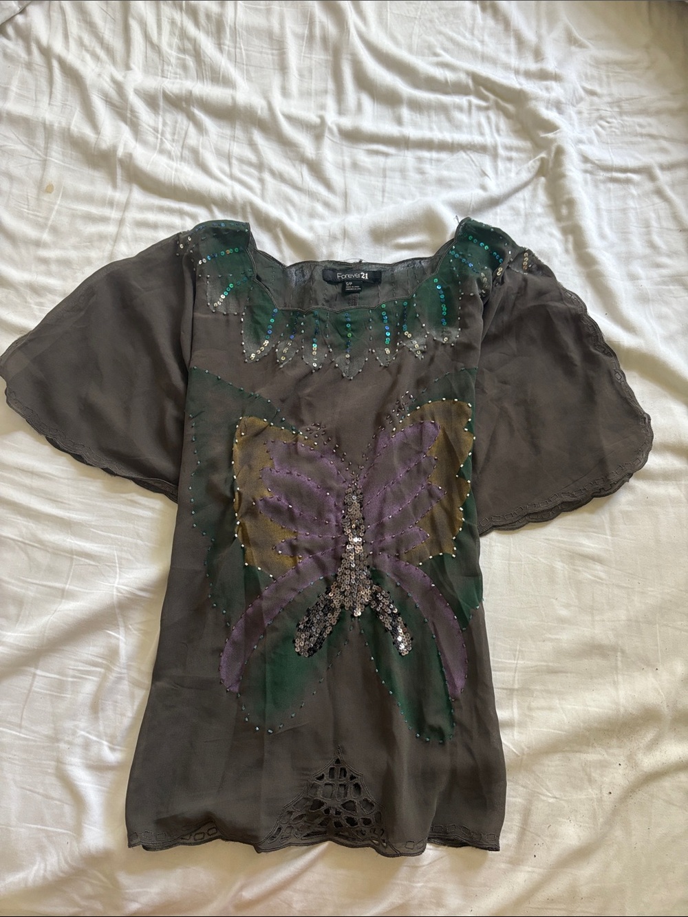 Vintage Forever 21 Dark Gray Blouse with  Butterfly Y2K